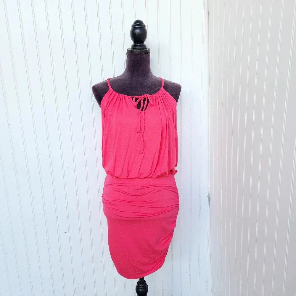 NWOT Victorias Secret Hot Pink Beach Ruched Side Sleeveless Stretch Tie Dress XS